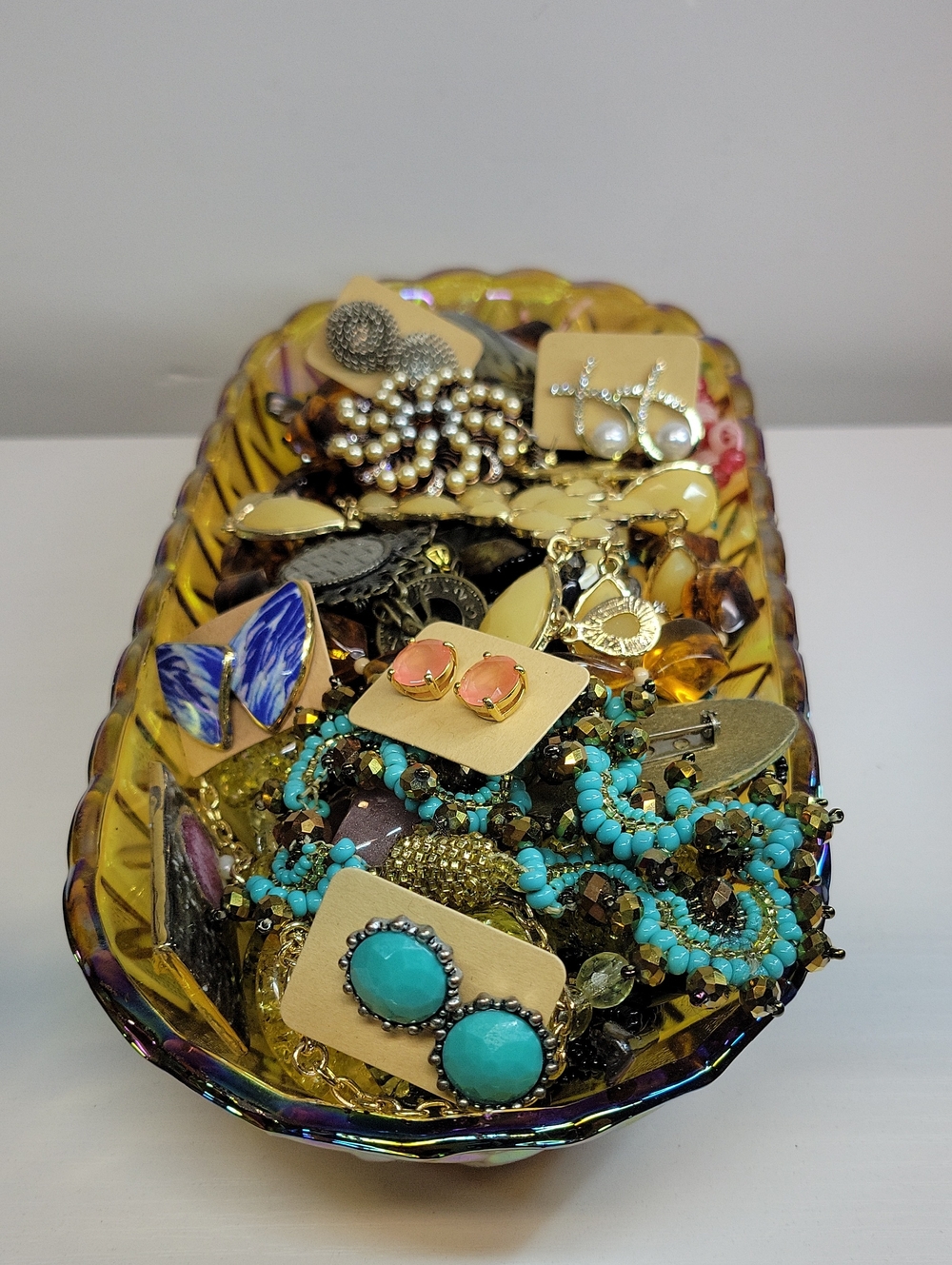 Carnival Glass Dish Filled With Jewelry